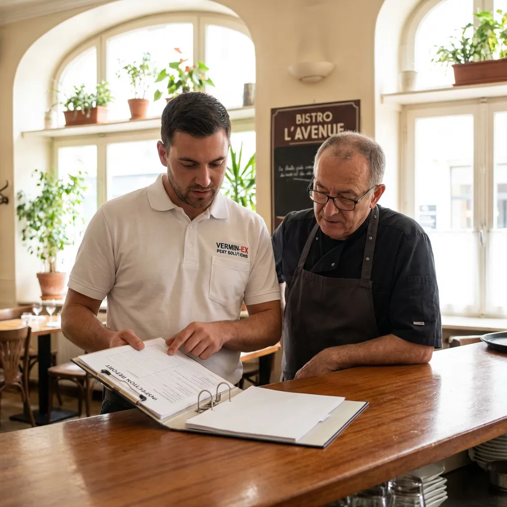 Technicien FLAVEK présentant le classeur d'inspection à un restaurateur lyonnais